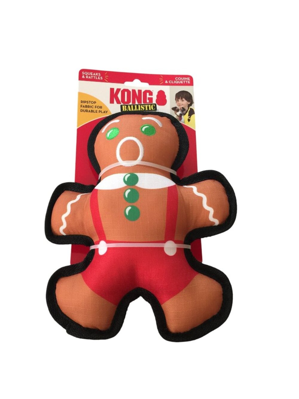 KONG BALLISTIC Gingerbread Cookie M/LG Squeaks Rattles Ripstop Dog Toy
